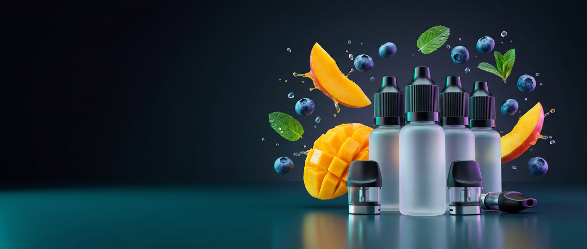 E-liquid bottles and pods surrounded by fresh mango, blueberries and mint
